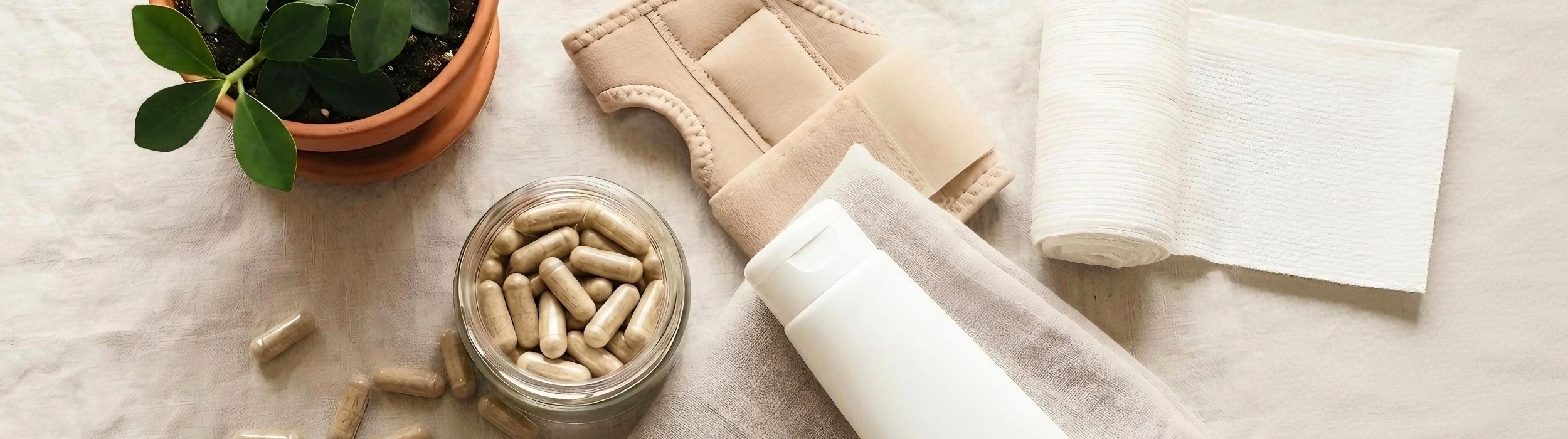 Artículos de autocuidado para salud articular: cápsulas, crema, vendaje y planta decorativa