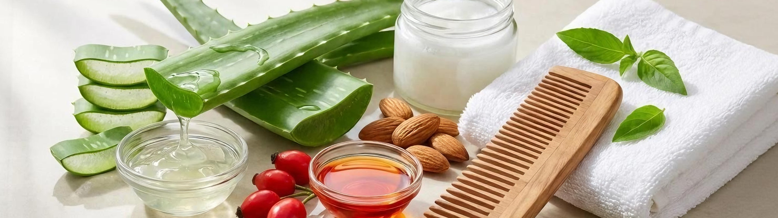 Ingredientes de cosmética natural: aloe vera, rosa mosqueta y aceite de coco