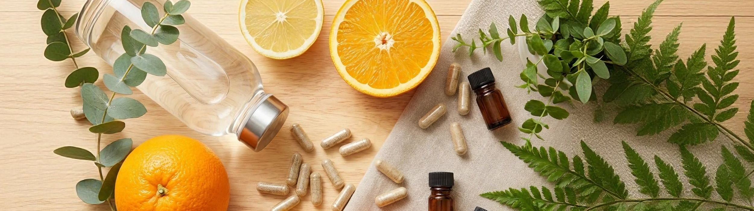 Frutas cítricas, cápsulas, aceites esenciales y hojas verdes sobre fondo de madera. Vitaminas