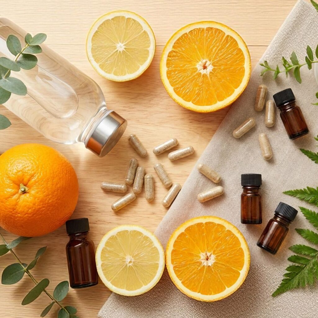 Frutas cítricas, cápsulas, aceites esenciales y hojas verdes sobre fondo de madera