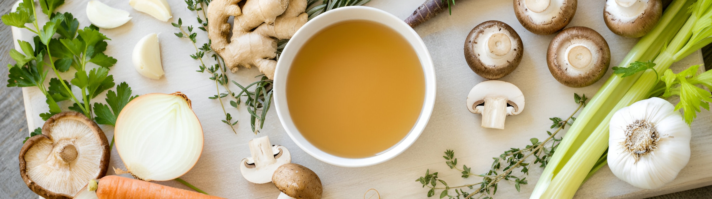 Ingredientes frescos para caldo vegetal: champiñones, jengibre, cebolla y zanahoria