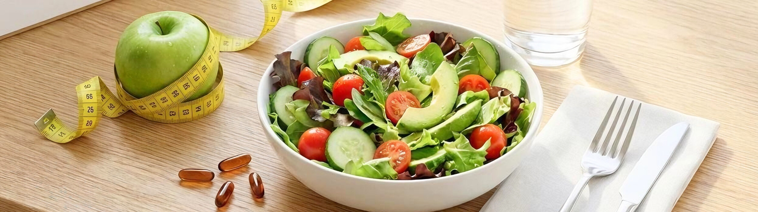 Ensalada con aguacate, cápsulas, manzana con cinta métrica y vaso de agua. Dietética