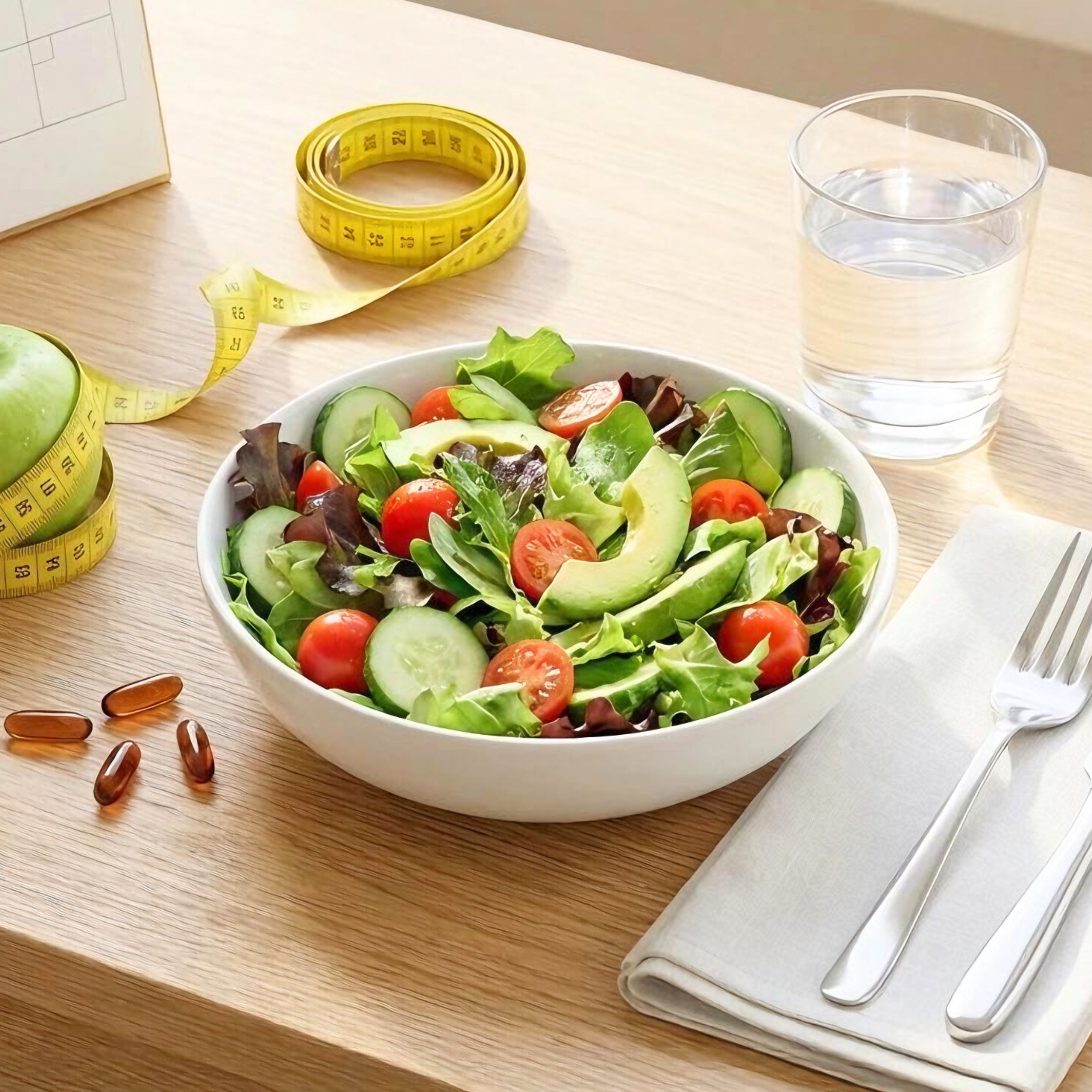Ensalada con aguacate, cápsulas, manzana con cinta métrica y vaso de agua