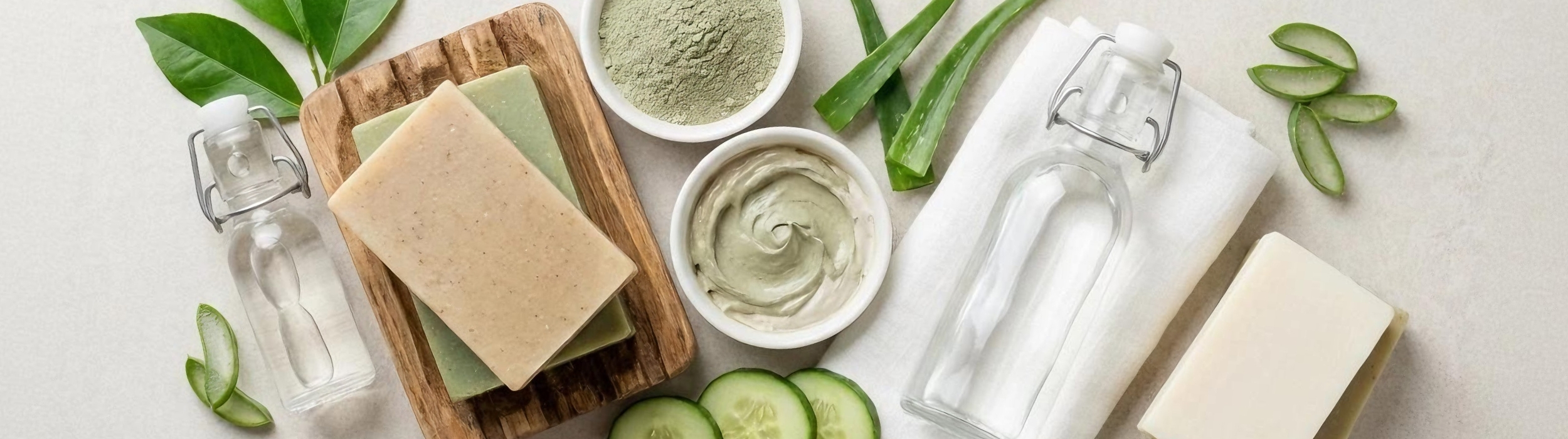 Jabones naturales, aloe vera, pepino, mascarilla verde y polvo de arcilla sobre fondo claro