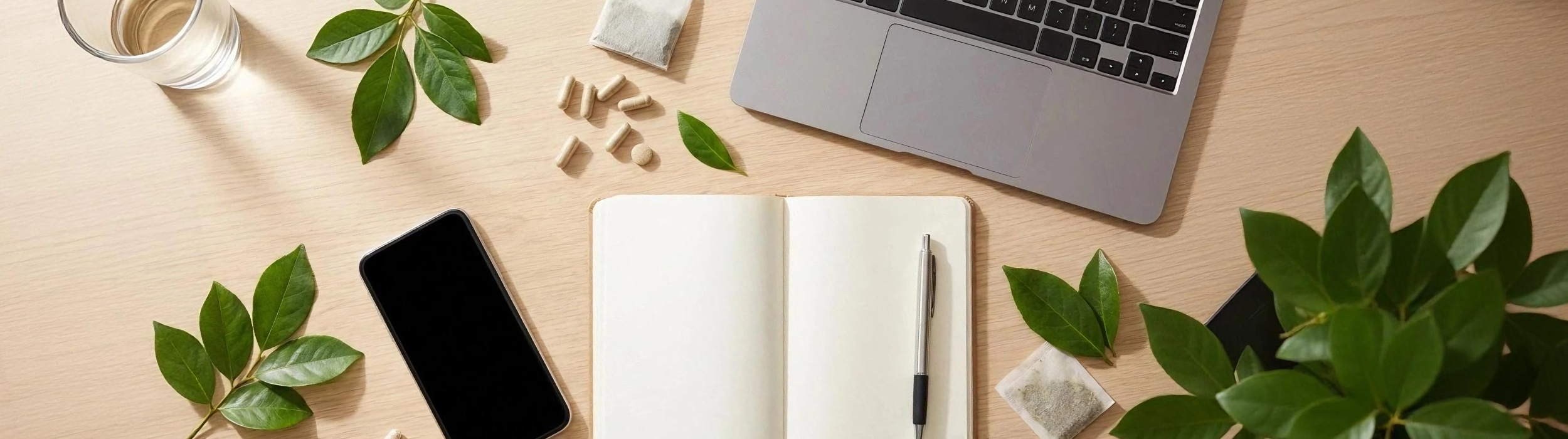 Espacio de trabajo con portátil, libreta, té y hojas verdes. Contacto