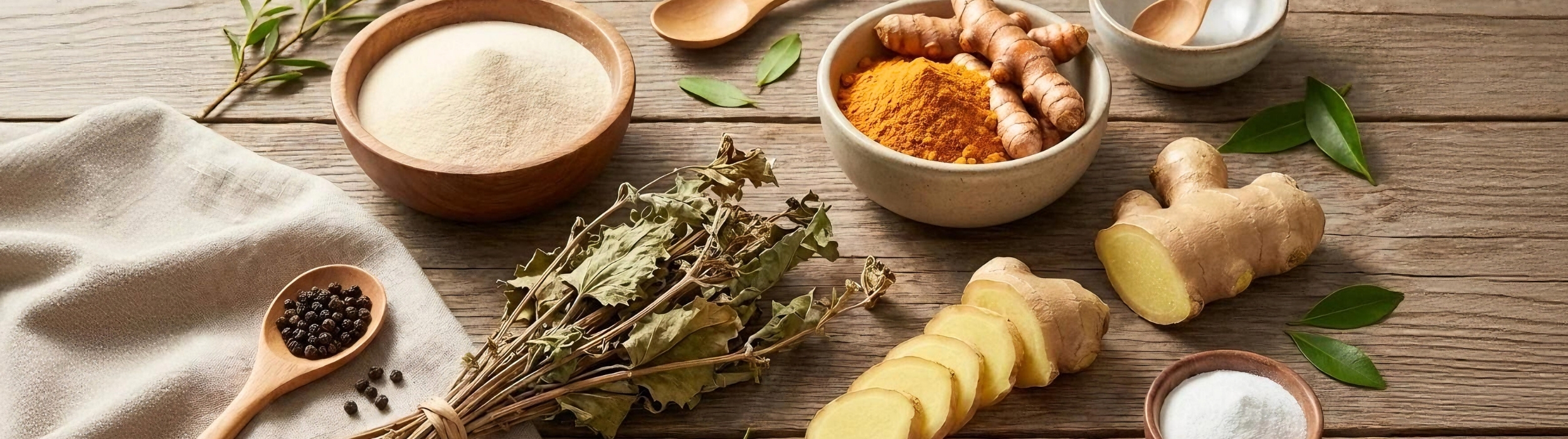 Mesa rústica con especias: cúrcuma, jengibre y pimienta negra