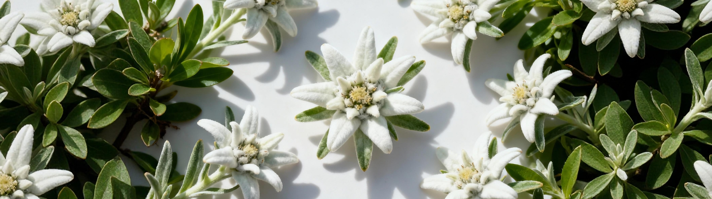 Flores de edelweiss blancas con hojas verdes sobre fondo blanco