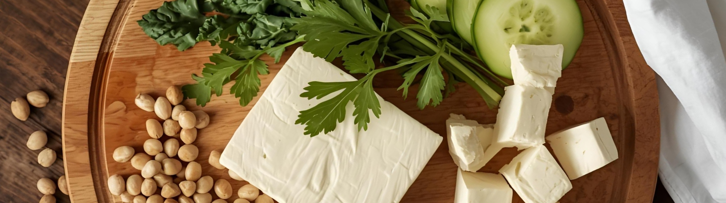 Tabla de madera con tofu, granos de soja, kale, pepino y perejil fresco