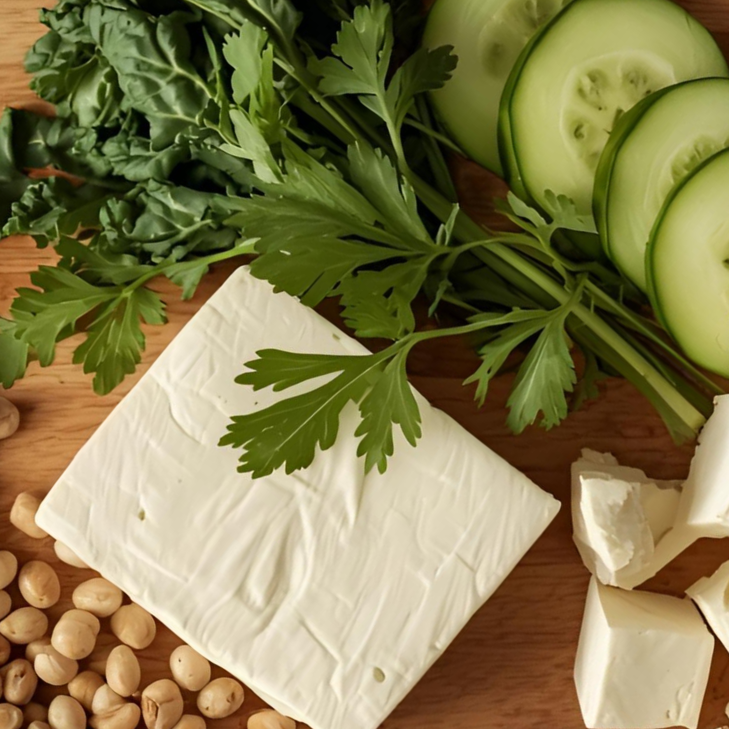 Tabla de madera con tofu, granos de soja, kale, pepino y perejil fresco