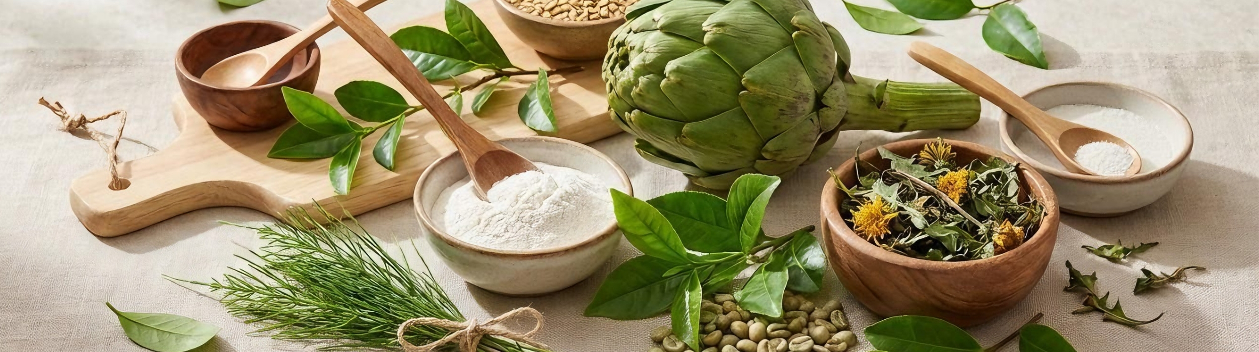 Ingredientes naturales: alcachofa, granos de café verde, hierbas secas y hojas frescas