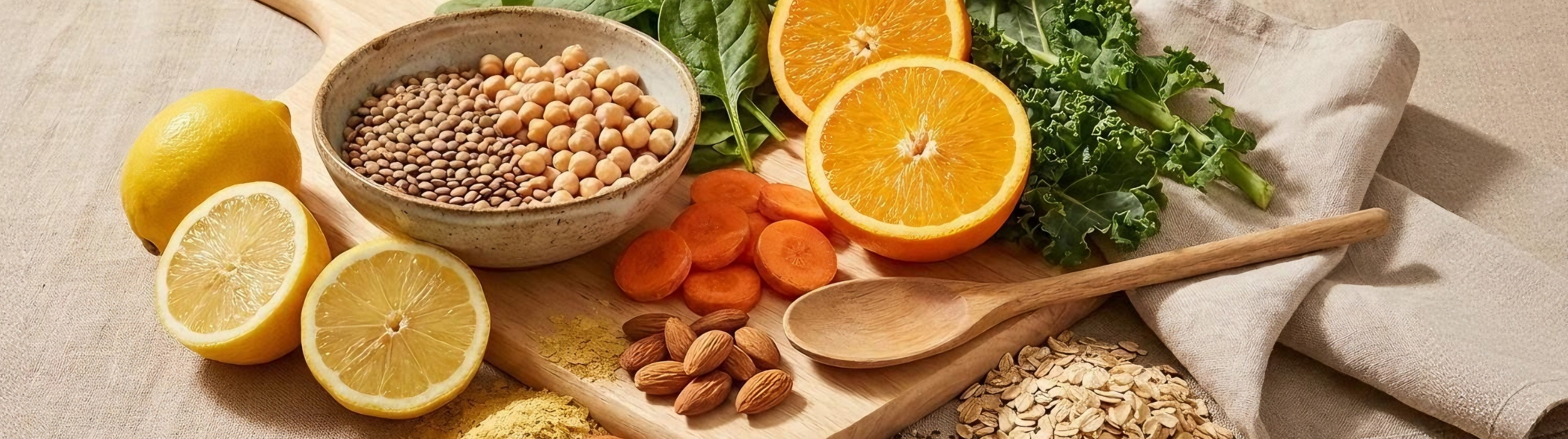 Ingredientes saludables: garbanzos, lentejas, espinacas, cítricos, zanahoria y almendras
