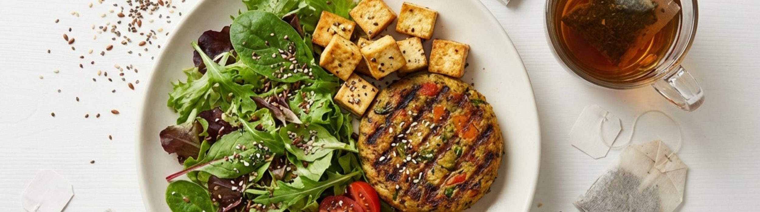 Alimentación. Plato vegano con hamburguesa vegetal, tofu, ensalada y taza de té