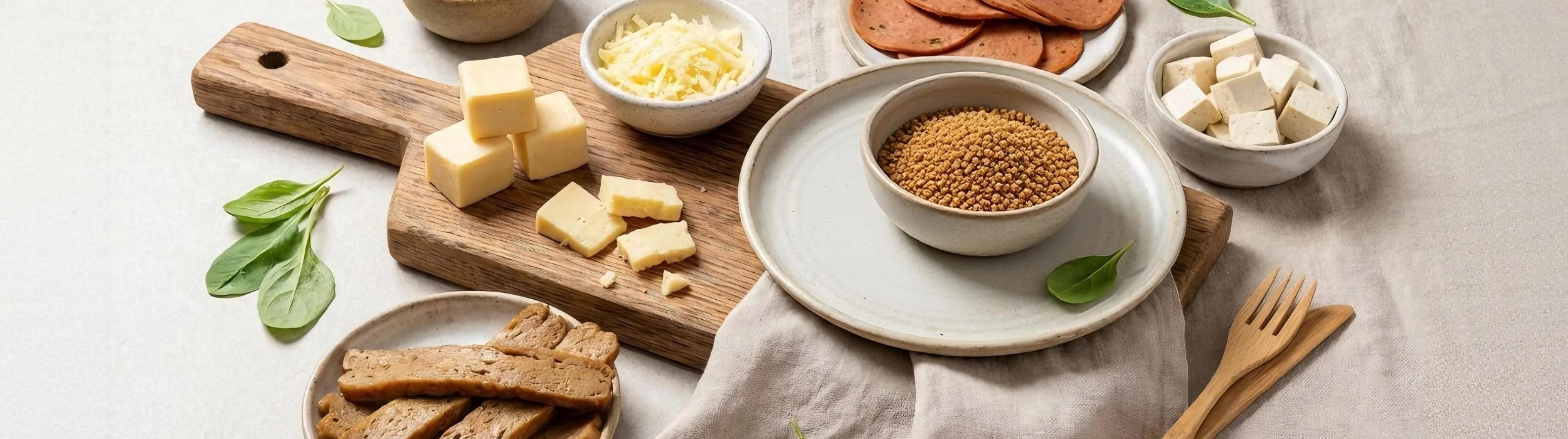 Variedad vegana de proteínas vegetales: tofu, seitán, queso vegano y espinacas