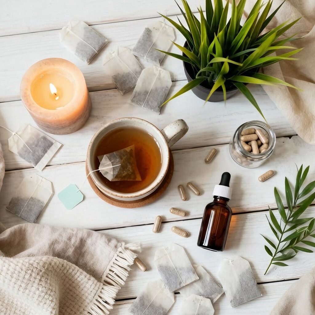 Taza de té con bolsitas, cápsulas, vela encendida y elementos naturales sobre fondo blanco