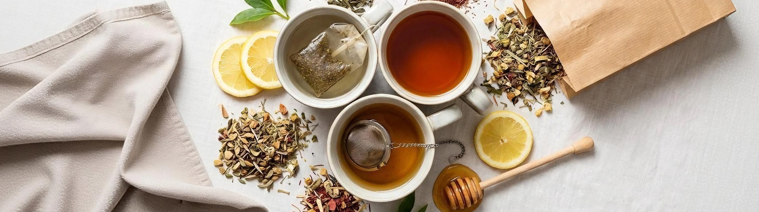 Tres tazas de tés con bolsita, infusor y hojas sueltas, acompañadas de limón y miel