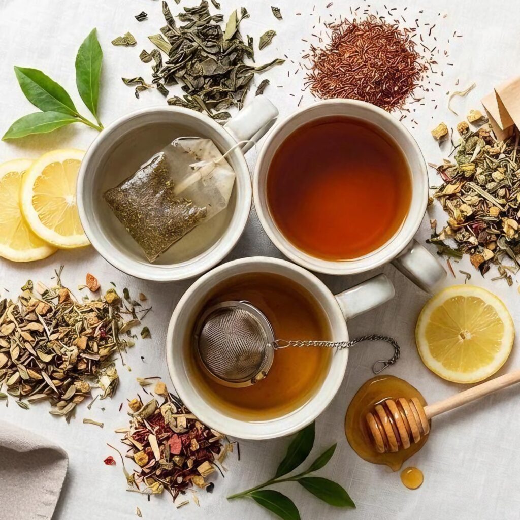 Tres tazas de té con bolsita, infusor y hojas sueltas, acompañadas de limón y miel