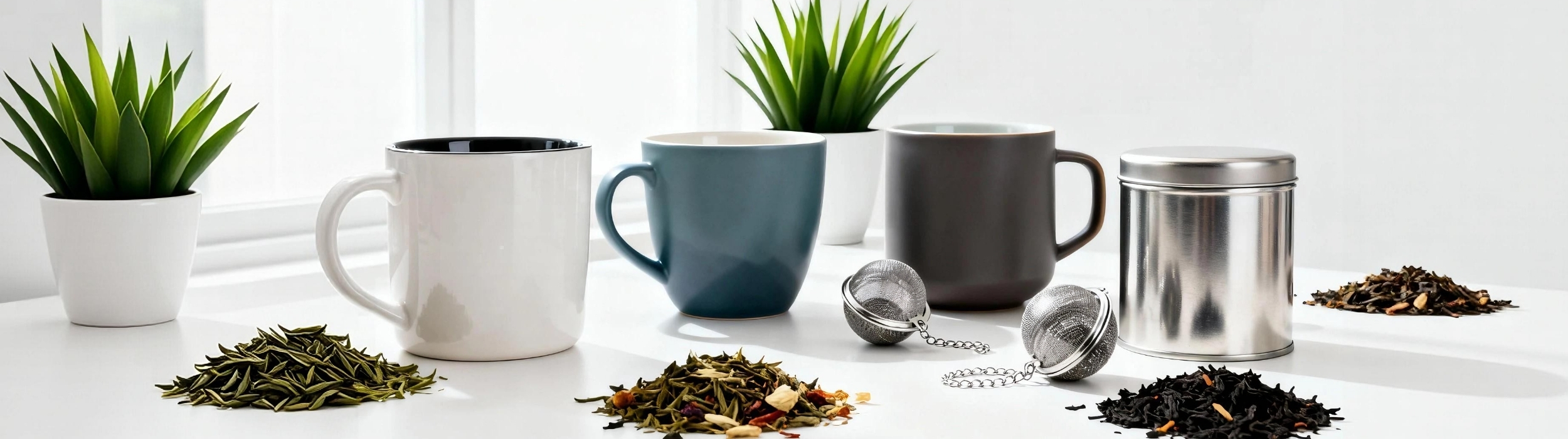 Tazas de té con infusores, hojas sueltas, plantas y recipiente metálico