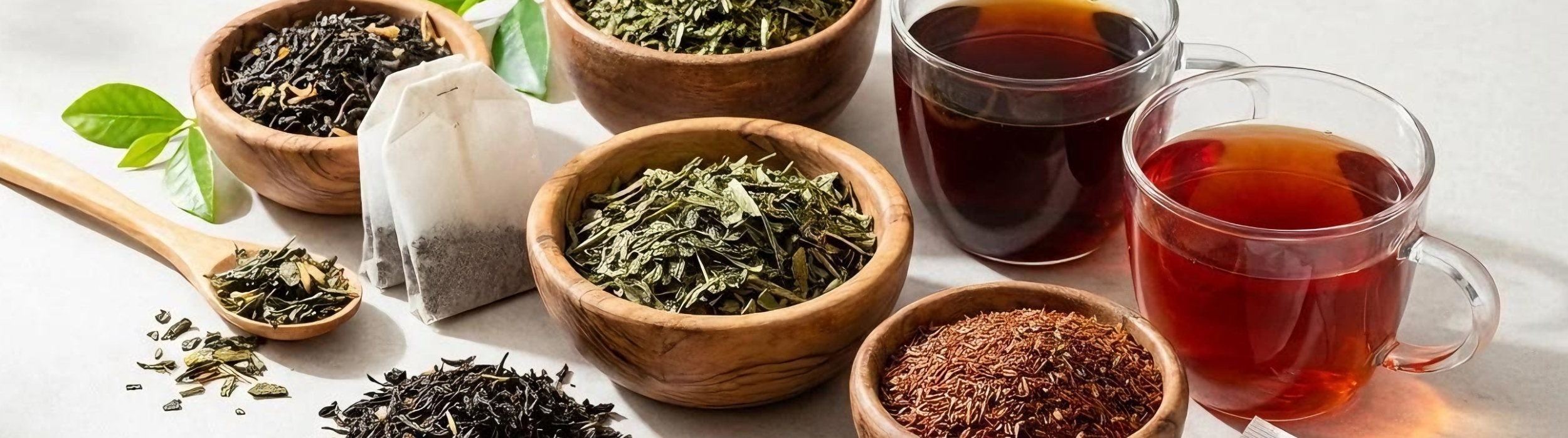Té verde, negro y rooibos en hojas y tazas de cristal con tonos ámbar y rojizos