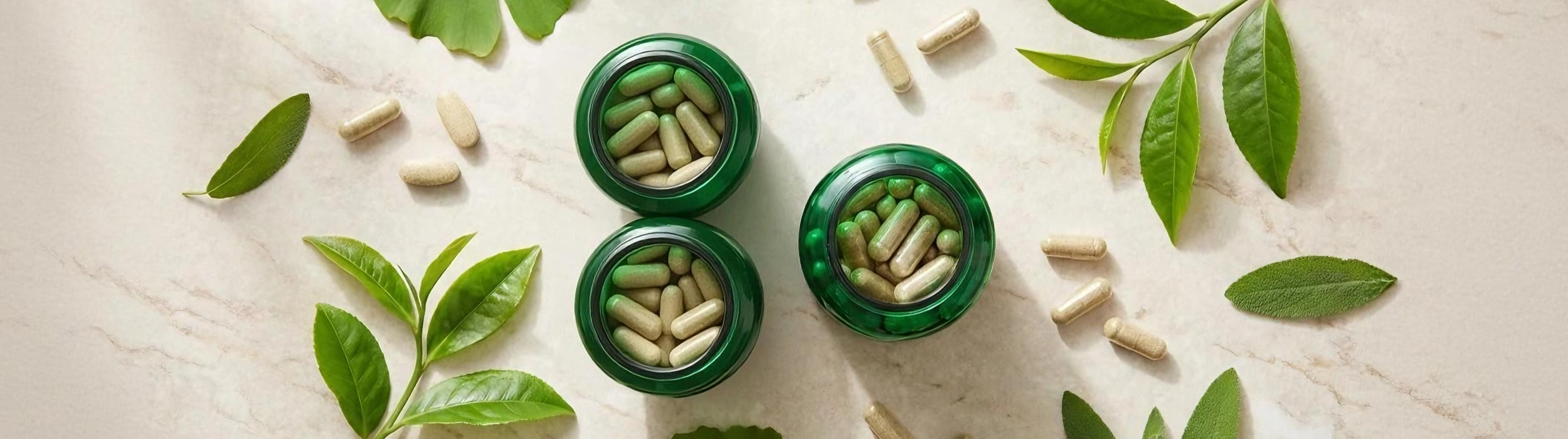 Envases verdes con cápsulas beige rodeados de hojas naturales